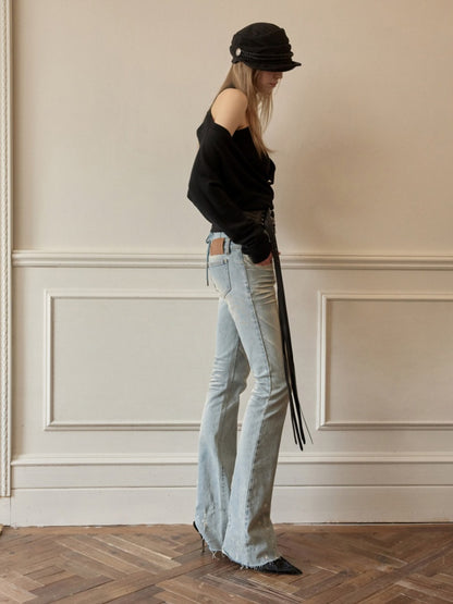 Retro Washed High-Waisted Waist Seal Irregular Brushed Bootcut Jeans【s0000015505】