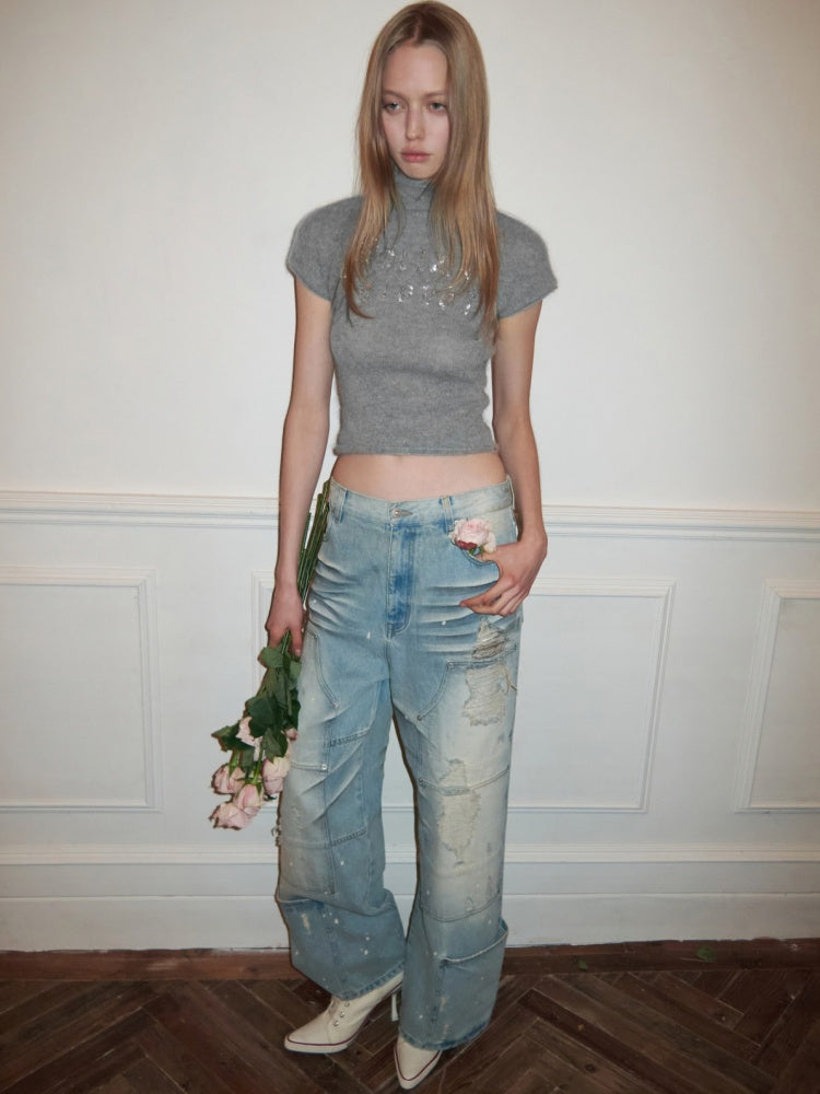 Washed Low-Rise Straight-Leg Loose Frayed Jeans【s0000015506】