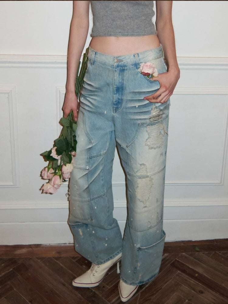 Washed Low-Rise Straight-Leg Loose Frayed Jeans【s0000015506】