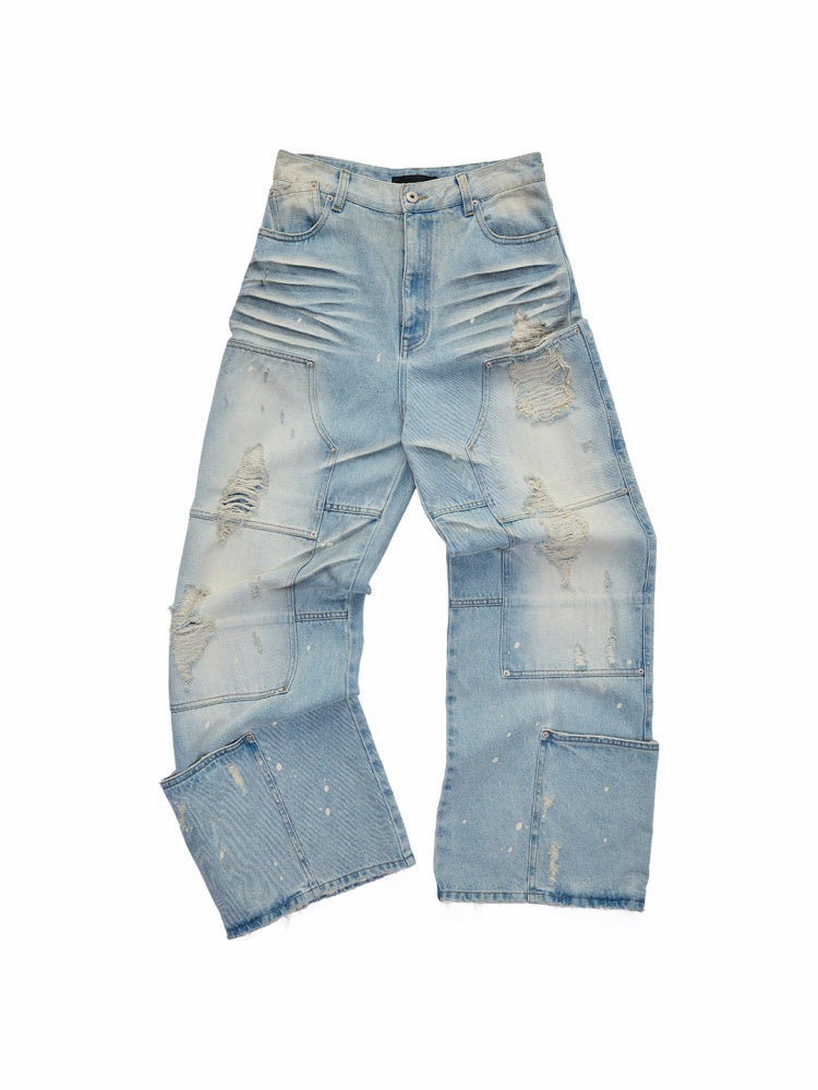 Washed Low-Rise Straight-Leg Loose Frayed Jeans【s0000015506】
