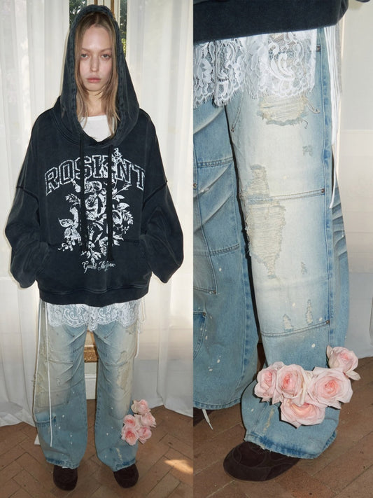 Washed Low-Rise Straight-Leg Loose Frayed Jeans【s0000015506】
