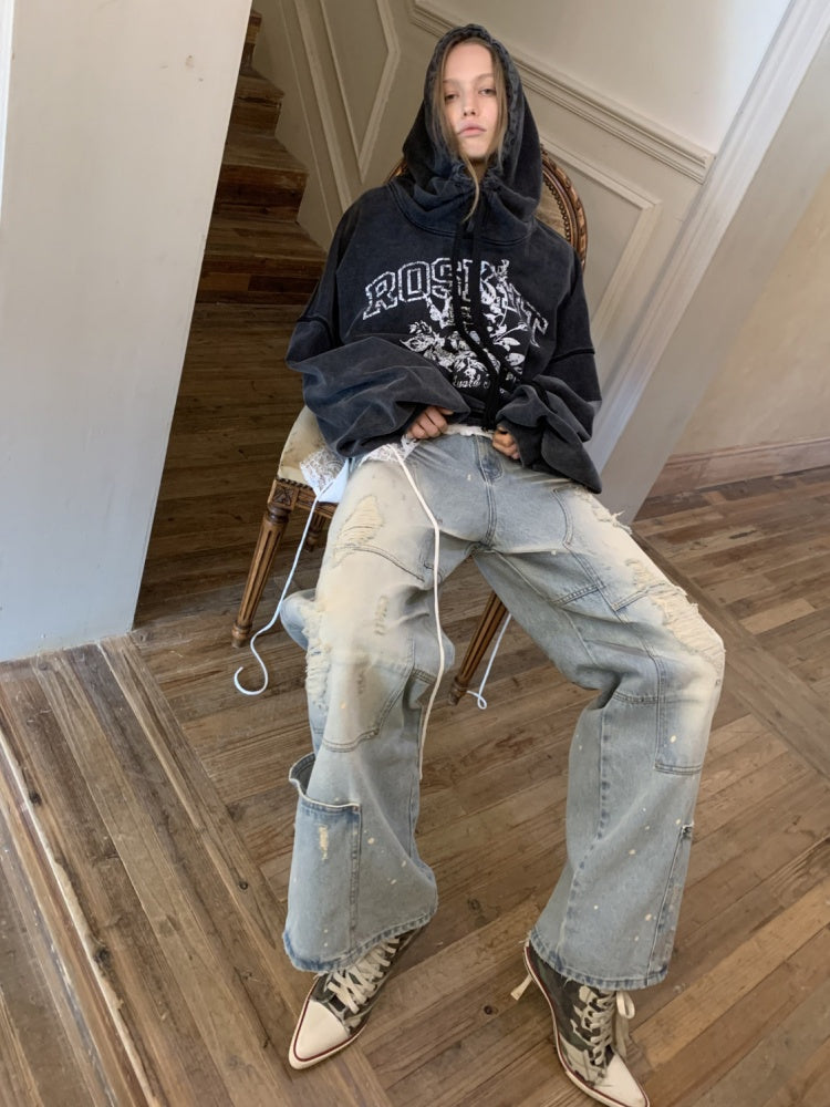 Washed Low-Rise Straight-Leg Loose Frayed Jeans【s0000015506】