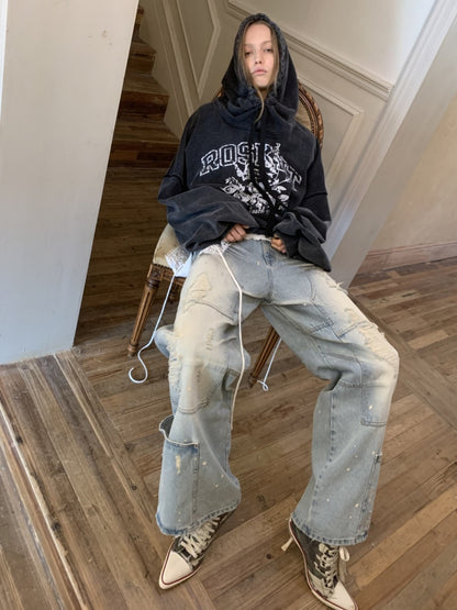Washed Low-Rise Straight-Leg Loose Frayed Jeans【s0000015506】