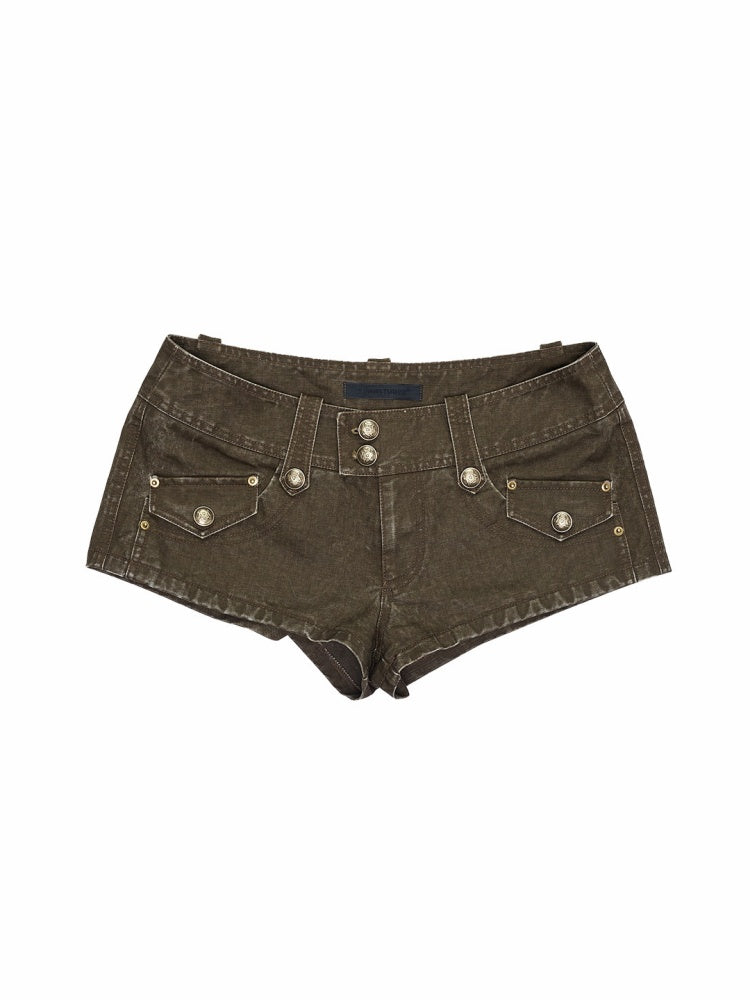 Vintage Distressed Workwear Denim Canvas Ultra Shorts Low Waist Slim Jeans【s0000015507】