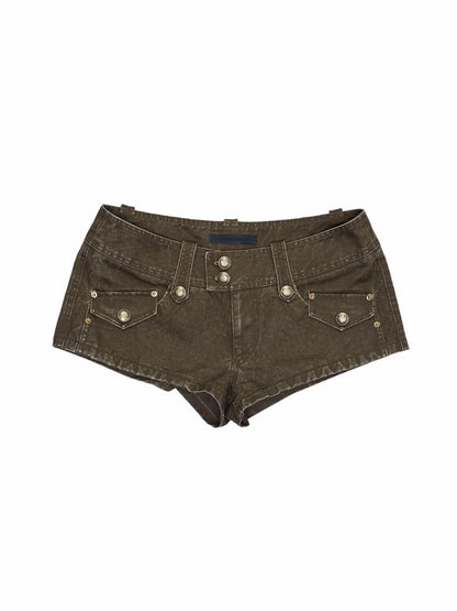 Vintage Distressed Workwear Denim Canvas Ultra Shorts Low Waist Slim Jeans【s0000015507】