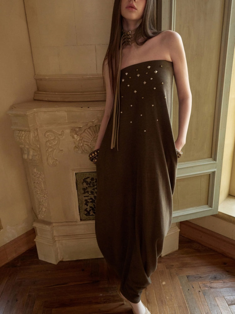 Rivet Bud Bandeau Long Skirt Drape Sleeveless Dress【s0000015509】