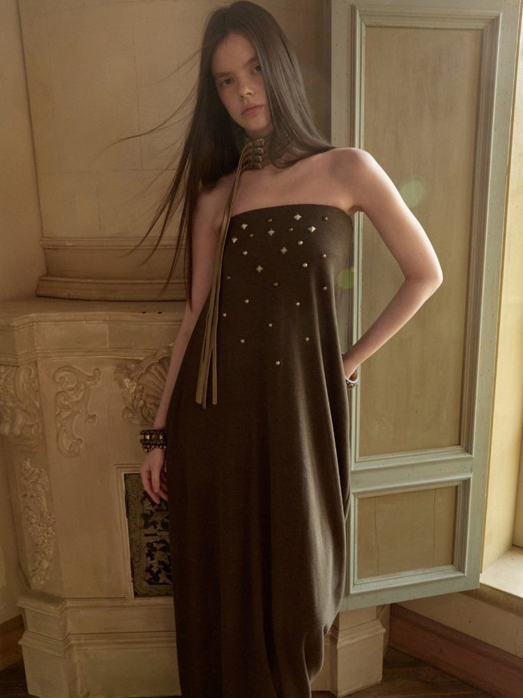 Rivet Bud Bandeau Long Skirt Drape Sleeveless Dress【s0000015509】