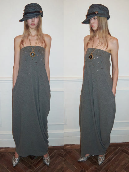 Rivet Bud Bandeau Long Skirt Drape Sleeveless Dress【s0000015509】