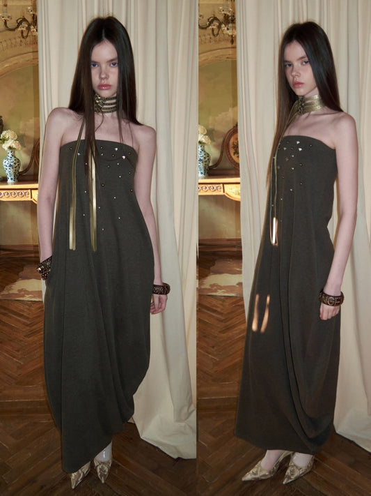 Rivet Bud Bandeau Long Skirt Drape Sleeveless Dress【s0000015509】