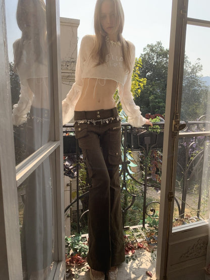 Multi-Pocket Workwear Washed Canvas Leggings Low-Rise Booth Slim Pants【s0000015510】