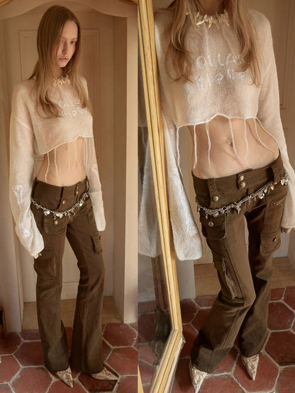 Multi-Pocket Workwear Washed Canvas Leggings Low-Rise Booth Slim Pants【s0000015510】