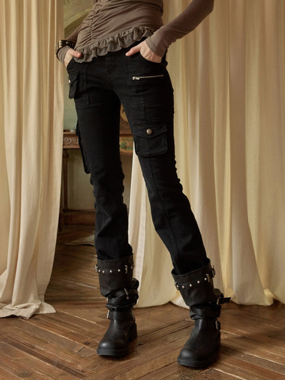 Multi-Pocket Workwear Washed Canvas Leggings Low-Rise Booth Slim Pants【s0000015510】