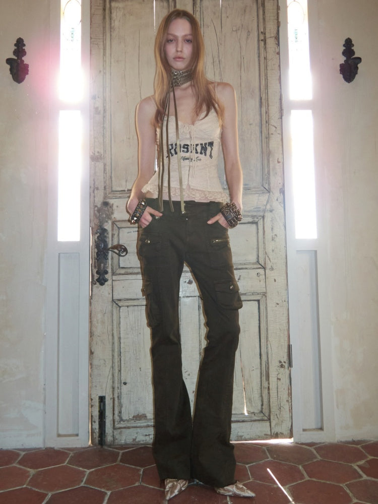 Multi-Pocket Workwear Washed Canvas Leggings Low-Rise Booth Slim Pants【s0000015510】