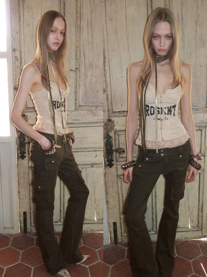 Multi-Pocket Workwear Washed Canvas Leggings Low-Rise Booth Slim Pants【s0000015510】