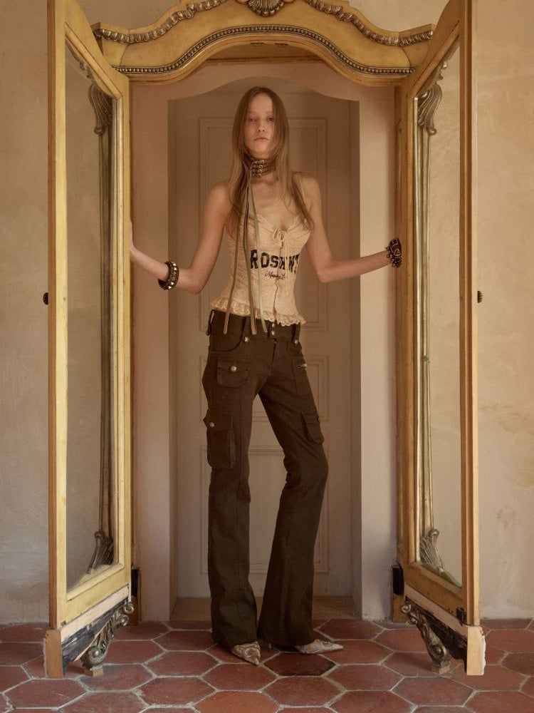 Multi-Pocket Workwear Washed Canvas Leggings Low-Rise Booth Slim Pants【s0000015510】
