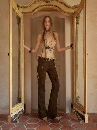 Multi-Pocket Workwear Washed Canvas Leggings Low-Rise Booth Slim Pants【s0000015510】
