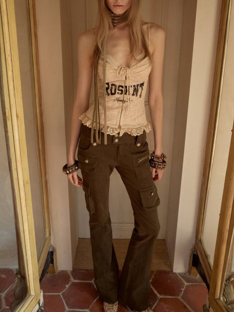 Multi-Pocket Workwear Washed Canvas Leggings Low-Rise Booth Slim Pants【s0000015510】