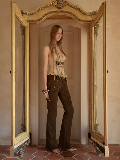 Multi-Pocket Workwear Washed Canvas Leggings Low-Rise Booth Slim Pants【s0000015510】