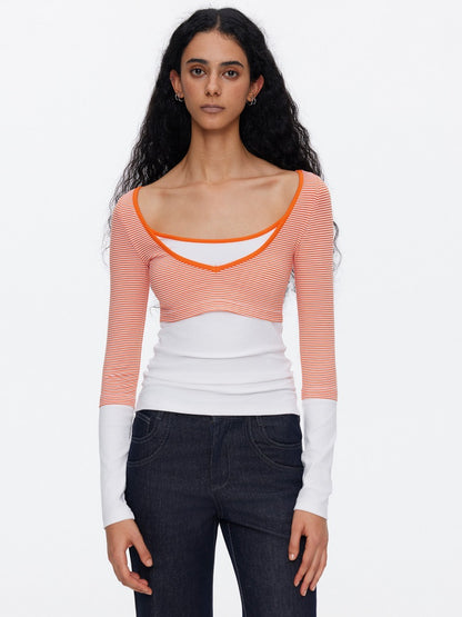 V-Neck Splicing Contrasting Fake Layered Horizontal Stripes T-Shirt 【s0000015530】