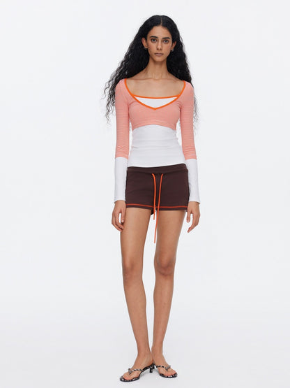 V-Neck Splicing Contrasting Fake Layered Horizontal Stripes T-Shirt 【s0000015530】