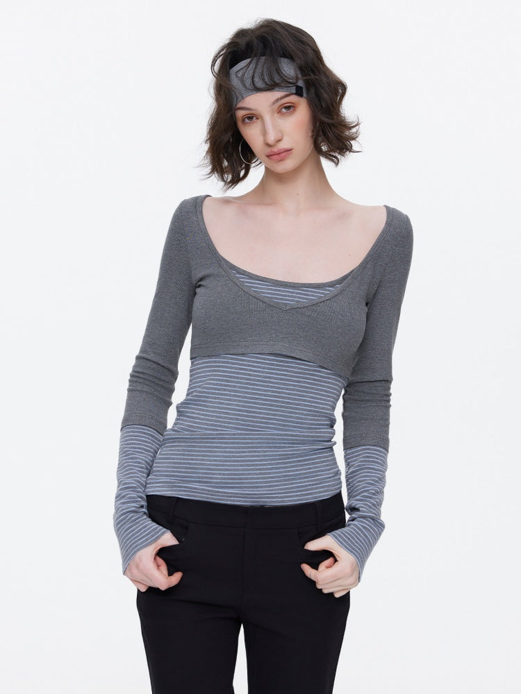 V-Neck Splicing Contrasting Fake Layered Horizontal Stripes T-Shirt 【s0000015530】