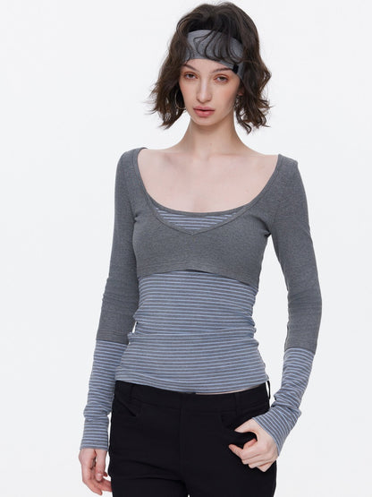 V-Neck Splicing Contrasting Fake Layered Horizontal Stripes T-Shirt 【s0000015530】