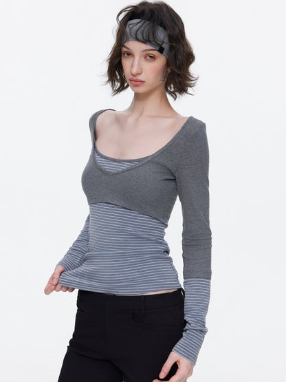 V-Neck Splicing Contrasting Fake Layered Horizontal Stripes T-Shirt 【s0000015530】
