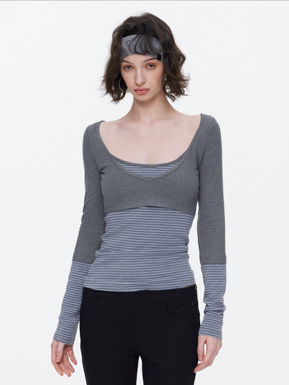 V-Neck Splicing Contrasting Fake Layered Horizontal Stripes T-Shirt 【s0000015530】