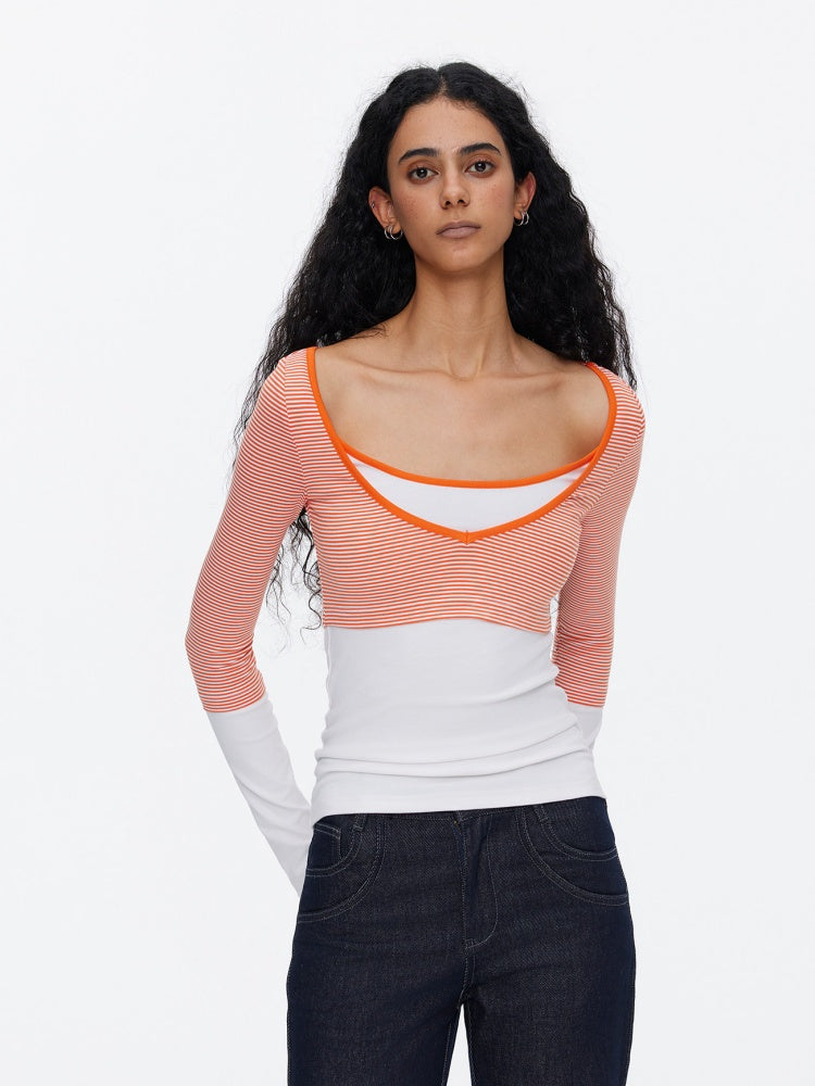 V-Neck Splicing Contrasting Fake Layered Horizontal Stripes T-Shirt 【s0000015530】