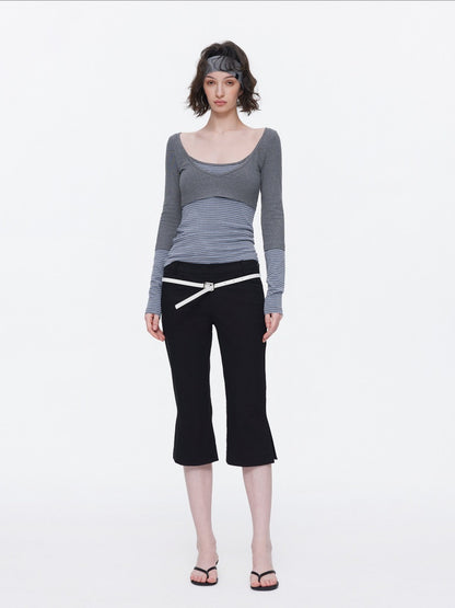 V-Neck Splicing Contrasting Fake Layered Horizontal Stripes T-Shirt 【s0000015530】