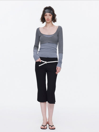 V-Neck Splicing Contrasting Fake Layered Horizontal Stripes T-Shirt 【s0000015530】