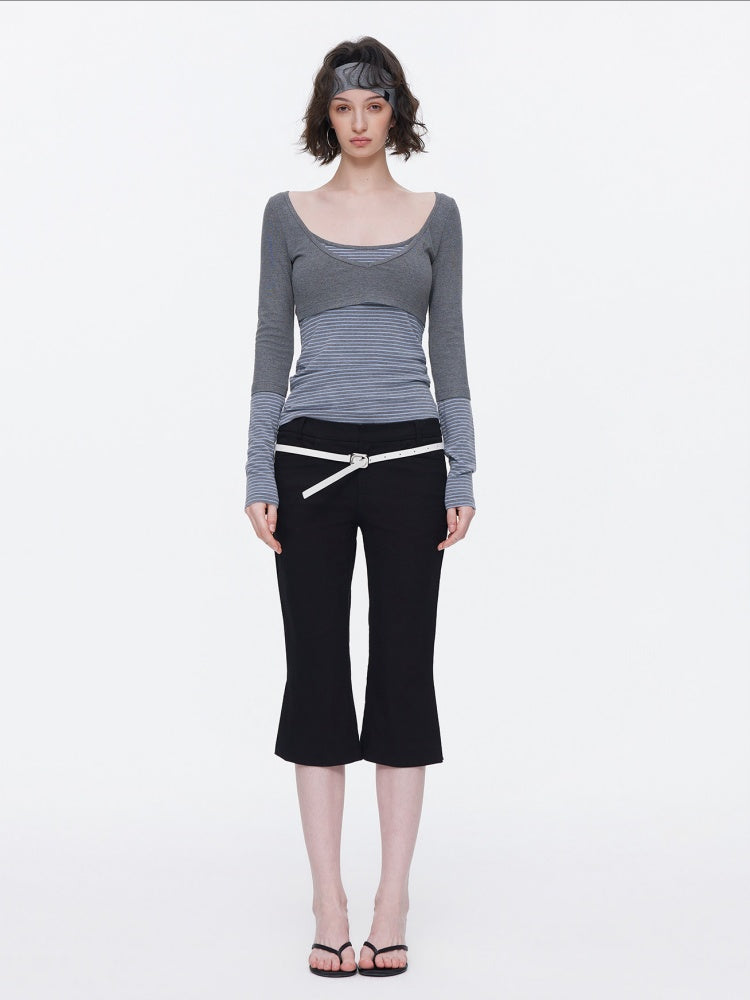 V-Neck Splicing Contrasting Fake Layered Horizontal Stripes T-Shirt 【s0000015530】
