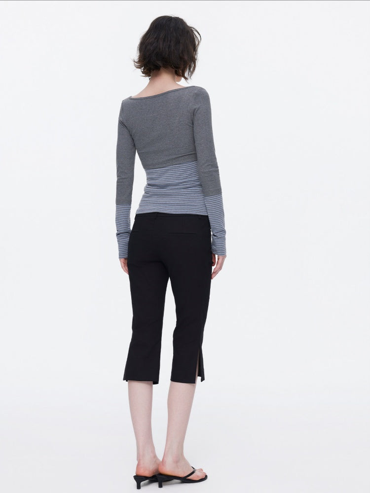 V-Neck Splicing Contrasting Fake Layered Horizontal Stripes T-Shirt 【s0000015530】