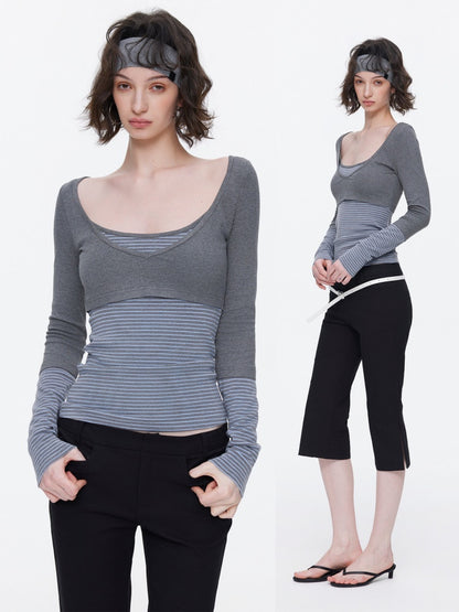 V-Neck Splicing Contrasting Fake Layered Horizontal Stripes T-Shirt 【s0000015530】