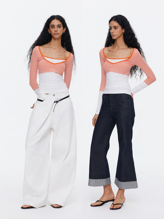 V-Neck Splicing Contrasting Fake Layered Horizontal Stripes T-Shirt 【s0000015530】