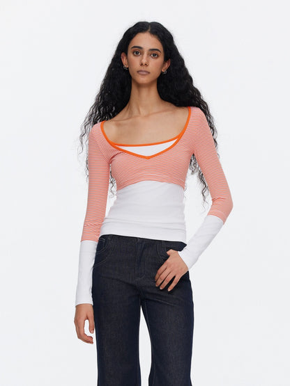 V-Neck Splicing Contrasting Fake Layered Horizontal Stripes T-Shirt 【s0000015530】