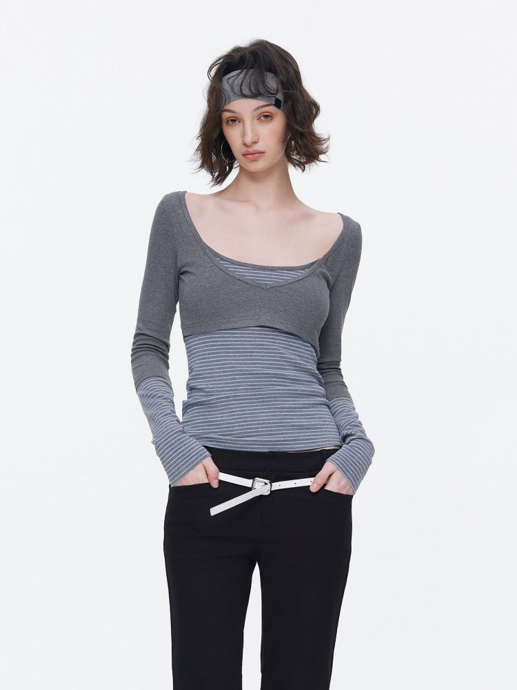 V-Neck Splicing Contrasting Fake Layered Horizontal Stripes T-Shirt 【s0000015530】