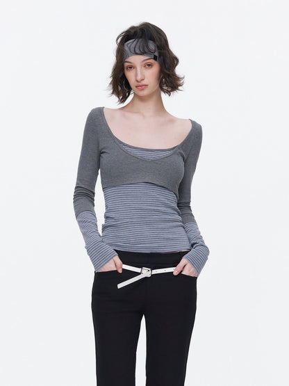V-Neck Splicing Contrasting Fake Layered Horizontal Stripes T-Shirt 【s0000015530】