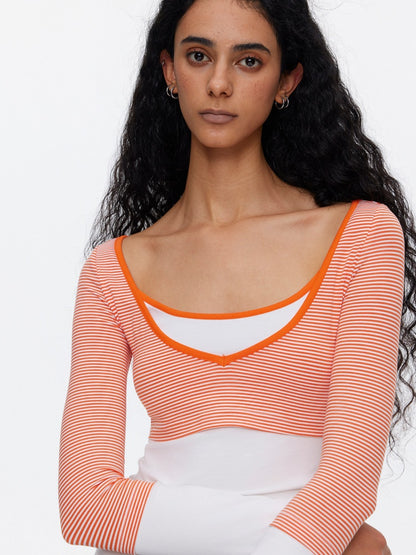 V-Neck Splicing Contrasting Fake Layered Horizontal Stripes T-Shirt 【s0000015530】