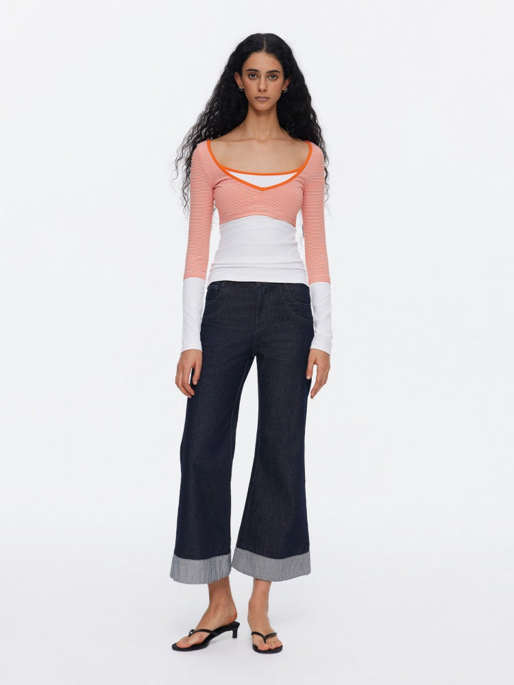 V-Neck Splicing Contrasting Fake Layered Horizontal Stripes T-Shirt 【s0000015530】