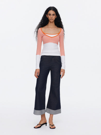 V-Neck Splicing Contrasting Fake Layered Horizontal Stripes T-Shirt 【s0000015530】
