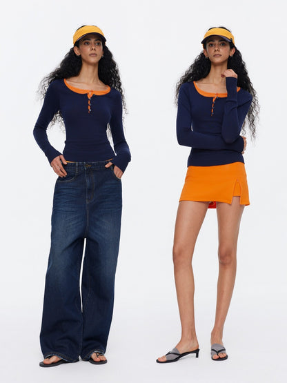 Contrasting Crew Neck Faux Layered Knitted Sweaters【s0000015533】
