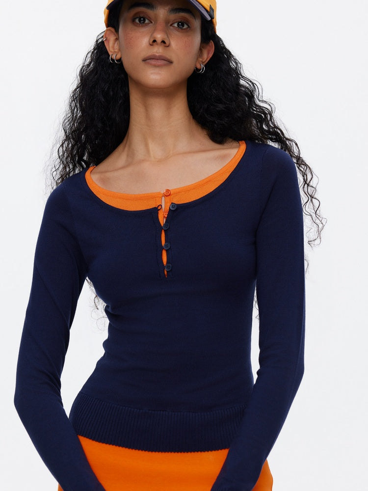 Contrasting Crew Neck Faux Layered Knitted Sweaters【s0000015533】
