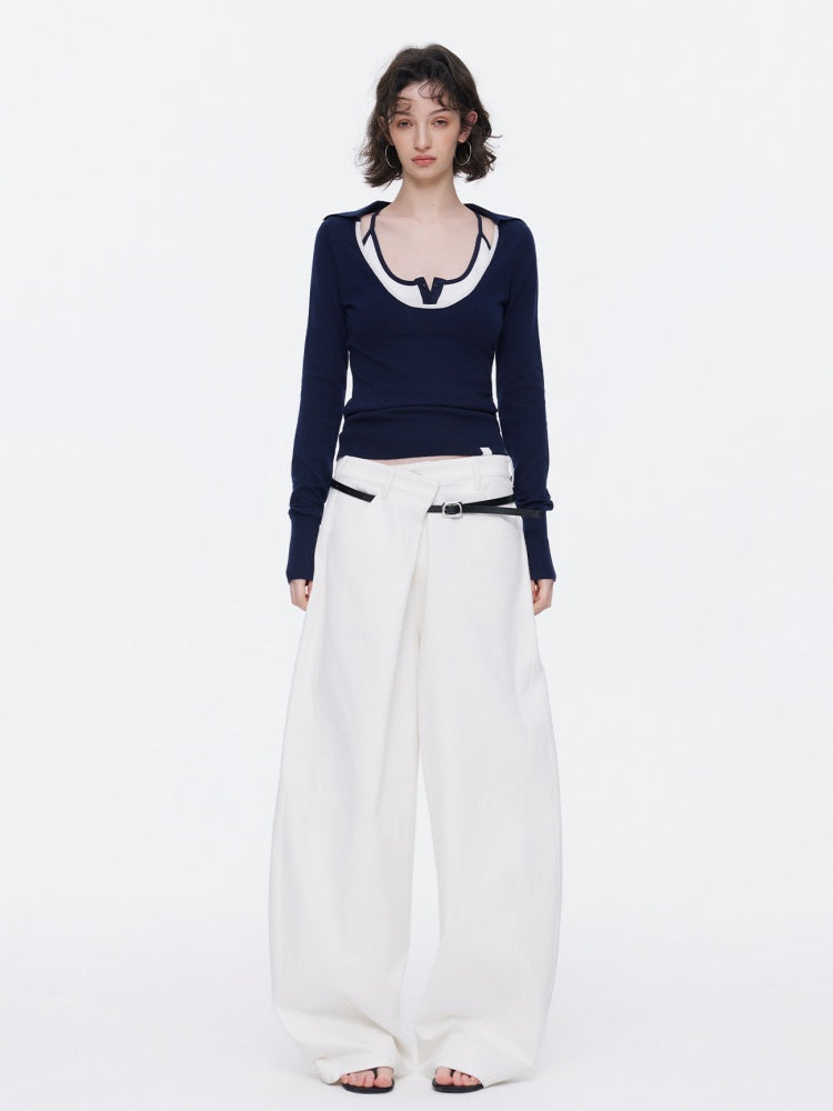 Asymmetrical Waistband Wide-Leg Scimitar Jeans【s0000015535】