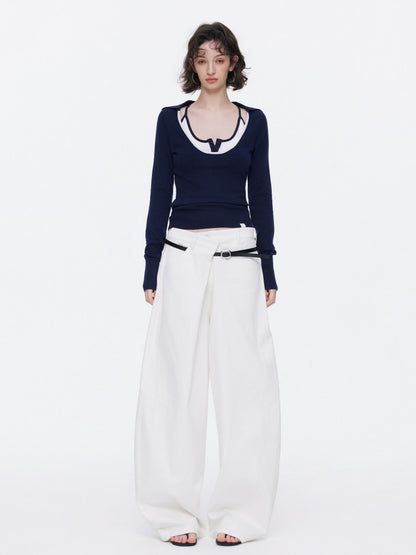 Asymmetrical Waistband Wide-Leg Scimitar Jeans【s0000015535】