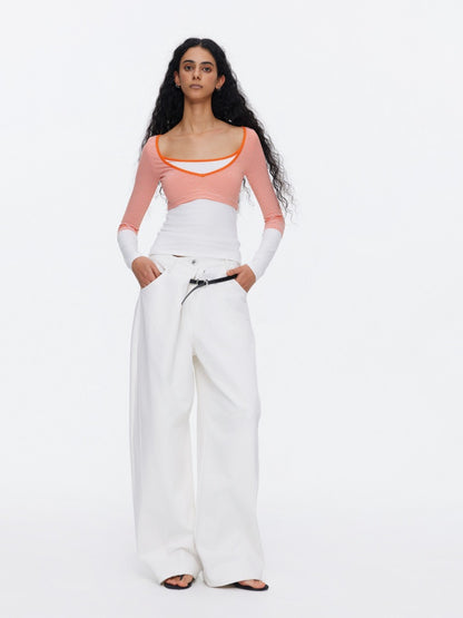 Asymmetrical Waistband Wide-Leg Scimitar Jeans【s0000015535】