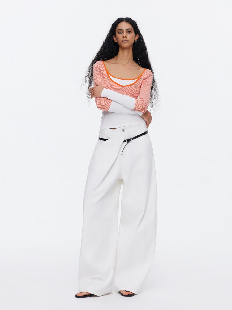 Asymmetrical Waistband Wide-Leg Scimitar Jeans【s0000015535】