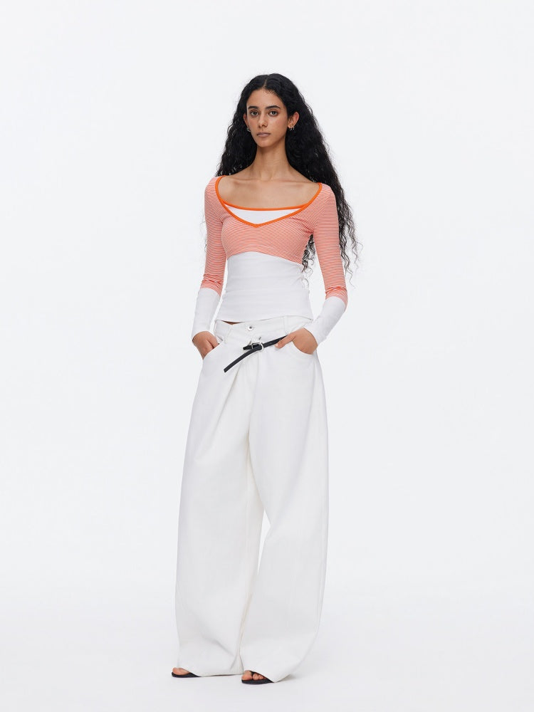 Asymmetrical Waistband Wide-Leg Scimitar Jeans【s0000015535】