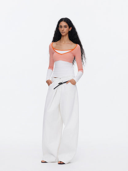 Asymmetrical Waistband Wide-Leg Scimitar Jeans【s0000015535】