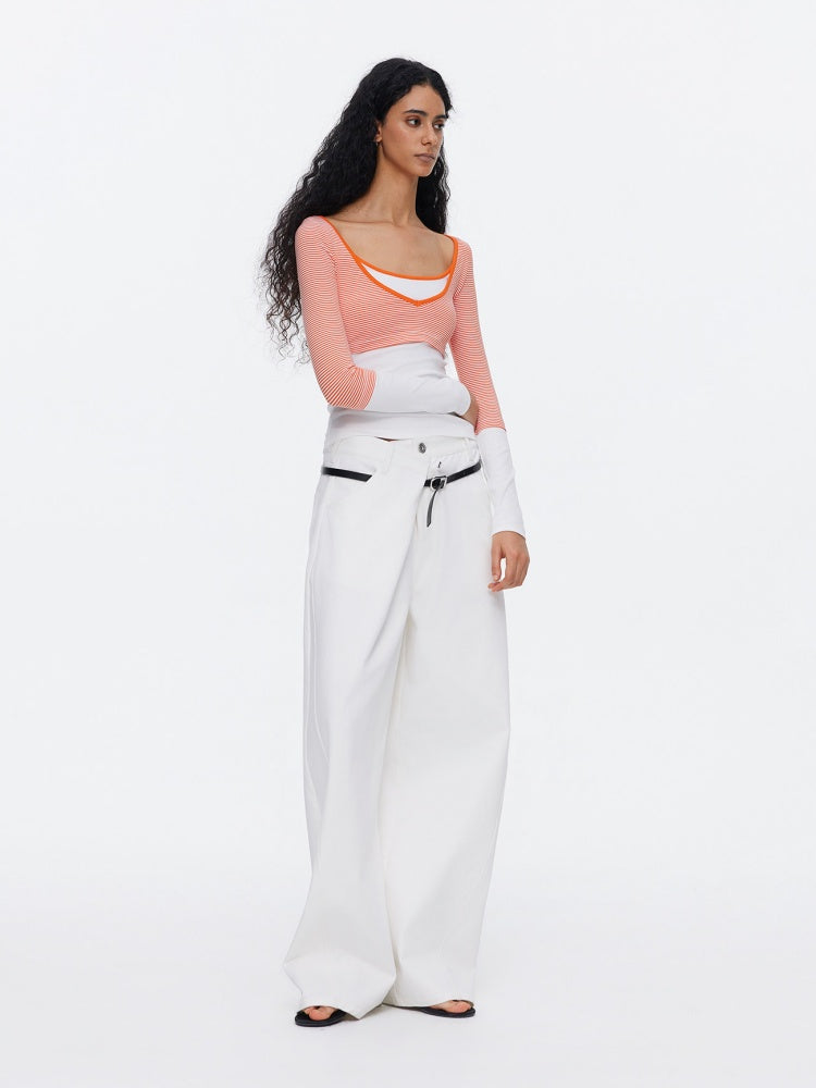 Asymmetrical Waistband Wide-Leg Scimitar Jeans【s0000015535】